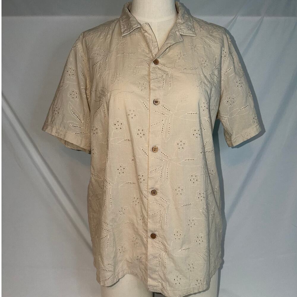 Free Planet Men's Cotton Eyelet Embroidered Button Up Shirt Beige‎ Size LARGE